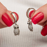 Sterling Silver Pavé Owl Dangle Hoop Earrings - Sparkling Charm