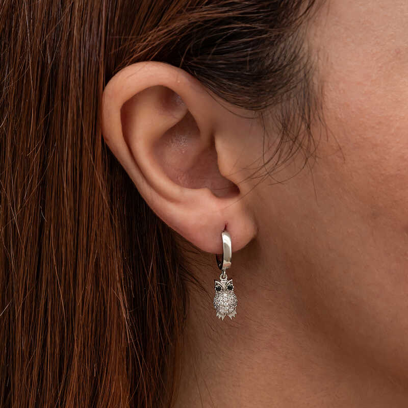 Sterling Silver Pavé Owl Dangle Hoop Earrings - Sparkling Charm