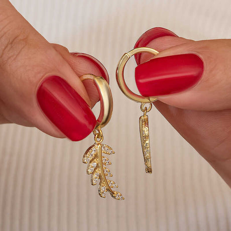 Gold-Tone Cubic Zirconia Leaf Dangle Hoop Earrings