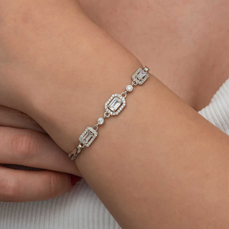 Bracciale - Argento Sterling con Tripla Zirconia Baguette a Maglia