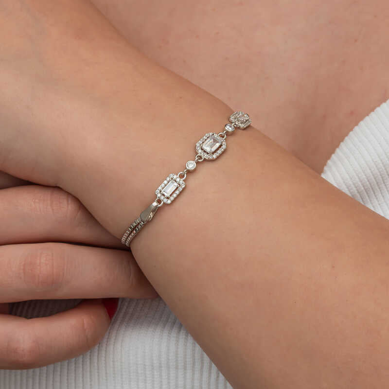 Bracciale - Argento Sterling con Tripla Zirconia Baguette a Maglia
