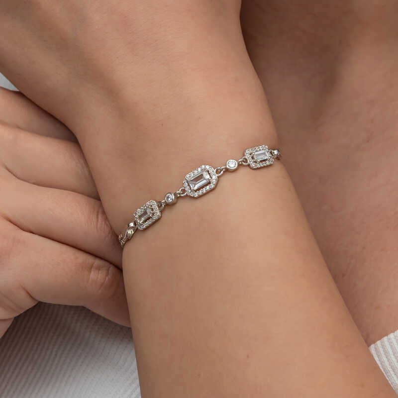 Bracciale - Argento Sterling con Tripla Zirconia Baguette a Maglia