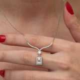 Sterling Silver Necklace - Elegant Baguette & Halo Zirconia Design