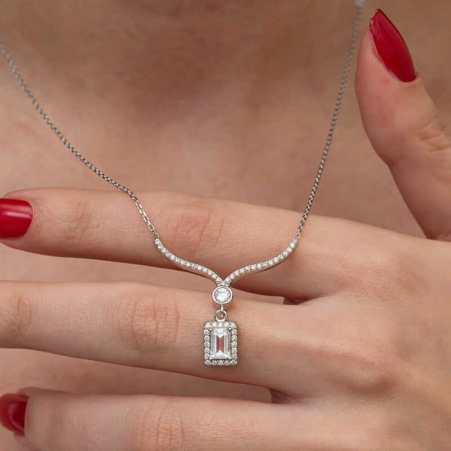 Sterling Silver Necklace - Elegant Baguette & Halo Zirconia Design