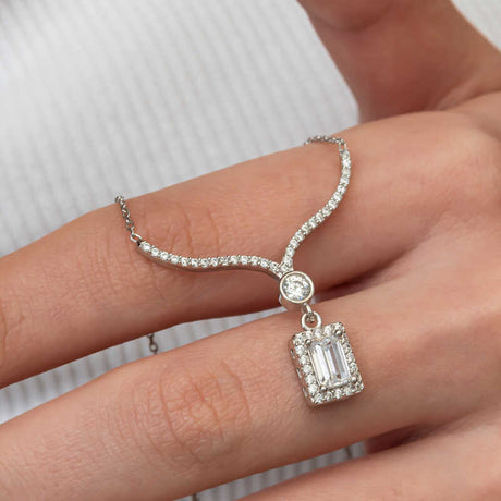 Sterling Silver Necklace - Elegant Baguette & Halo Zirconia Design
