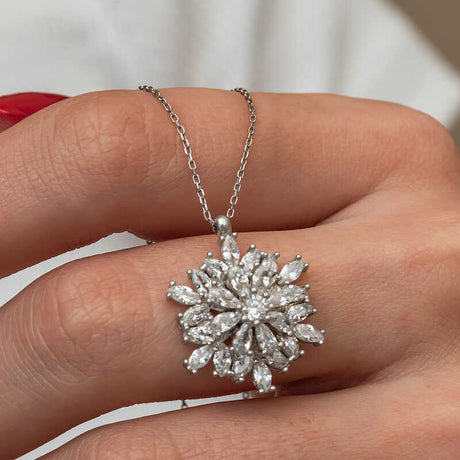Sterling Silver Necklace - Dazzling Marquise CZ Snowflake Cluster