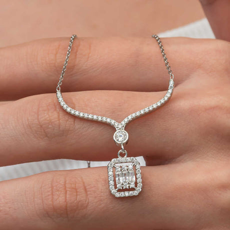 Necklace - Silver-Tone Baguette & Round Cut Stone Y-Drop