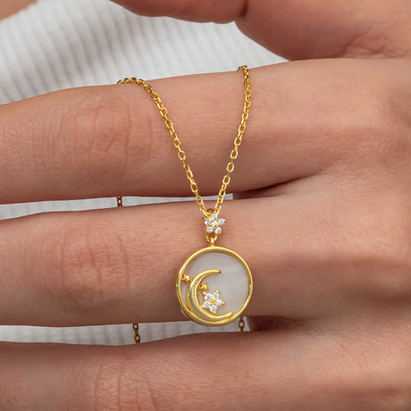 Gold-Tone Mother of Pearl Moon & Star Dainty Celestial Necklace