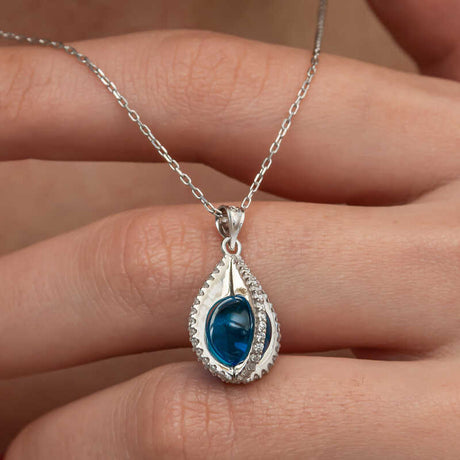 Sterling Silver Blue Zircon Orb Pendant Necklace with Sparkle Accents