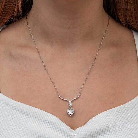 Silver-Tone Zircon Heart Halo Pendant Necklace - Elegant Drop Style