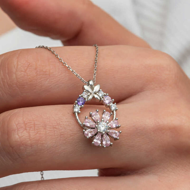 Sterling Silver - Pink & Purple Gemstone Rotating Blossom Necklace