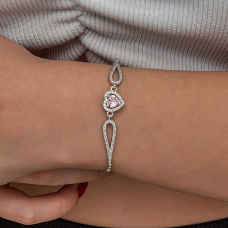 Sterling Silver Heart Bracelet - Pink Zircon & Pave CZ Accents