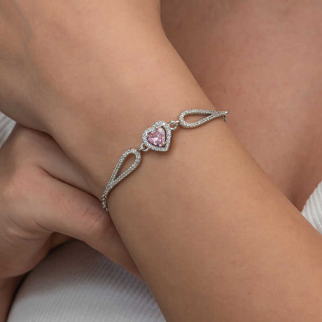 Sterling Silver Heart Bracelet - Pink Zircon & Pave CZ Accents