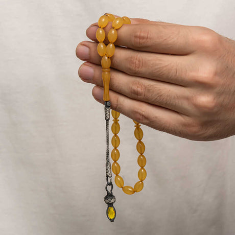 Handcrafted Amber-Tone Tesbih - 1000 Purity Silver Kazaz Tassel