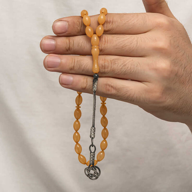 Pressed Amber Prayer Beads - Handcrafted Silver Kazaz Tassel