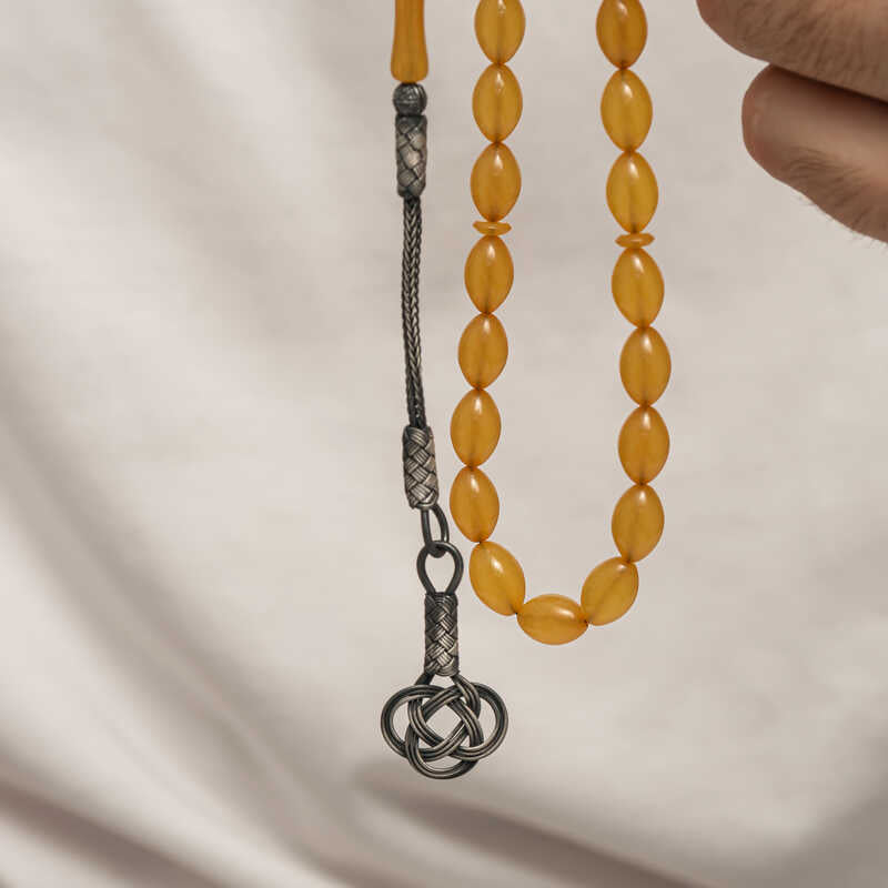 Pressed Amber Prayer Beads - Handcrafted Silver Kazaz Tassel