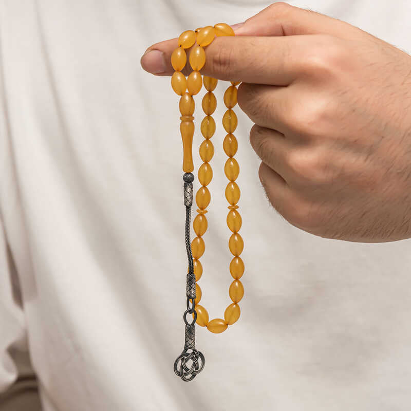 Pressed Amber Prayer Beads - Handcrafted Silver Kazaz Tassel