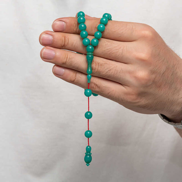 Teal Pressed Amber Prayer Beads (Tasbih/Misbaha) - Round Design