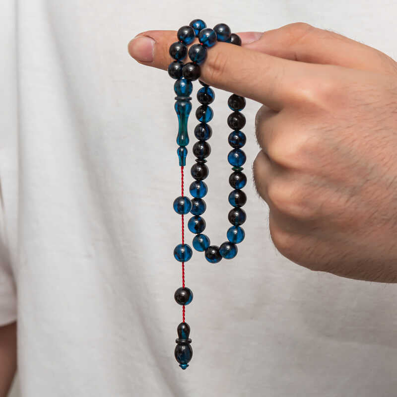 Chapelet de perles de prière en ambre compressé bleu profond élégant - Design traditionnel