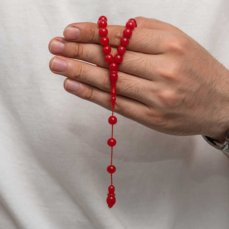 Red Compressed Amber Prayer Beads - Smooth Round Tasbih Design
