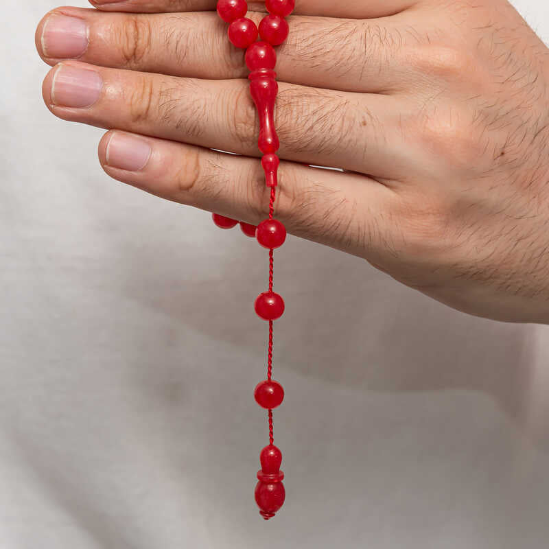 Red Compressed Amber Prayer Beads - Smooth Round Tasbih Design