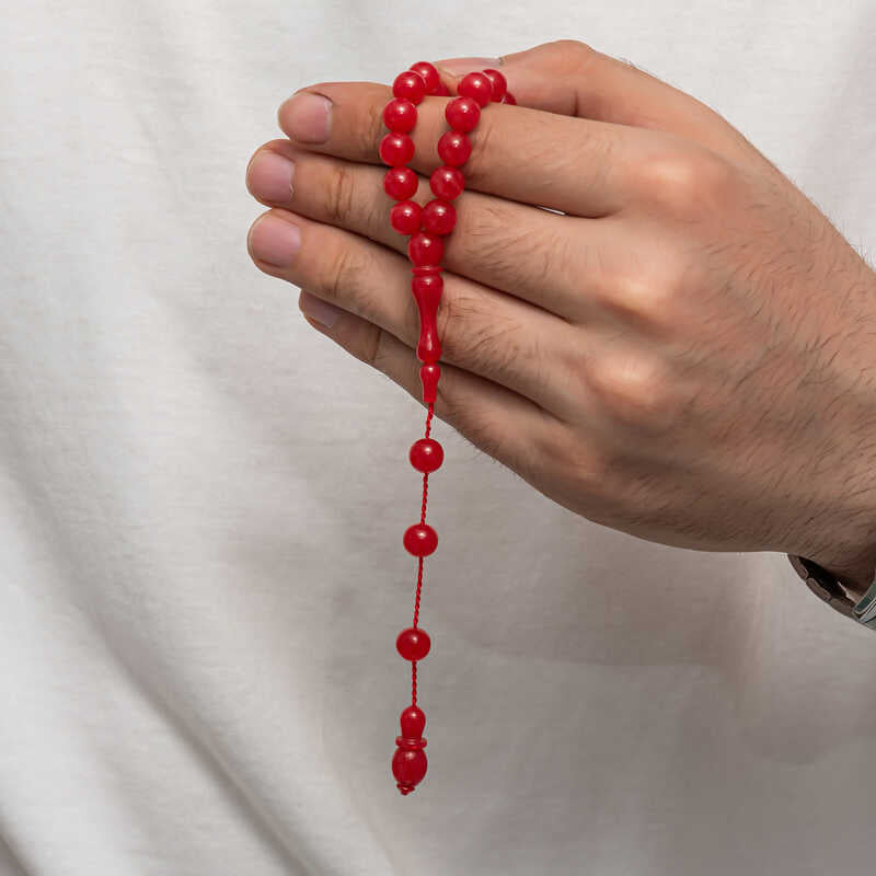 Red Compressed Amber Prayer Beads - Smooth Round Tasbih Design
