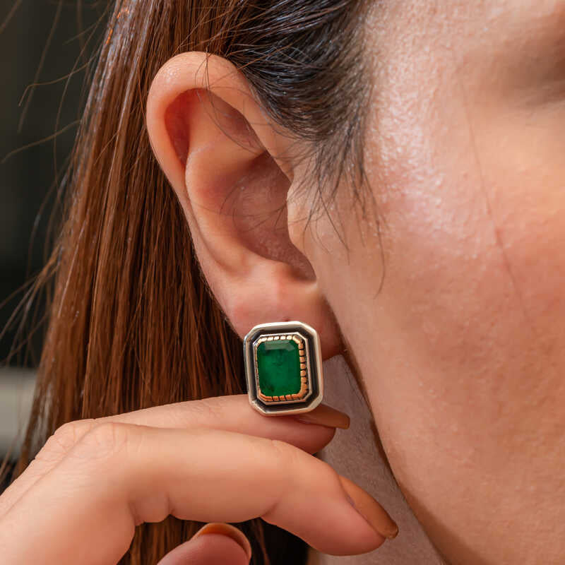 Leverback Earrings - Sterling Silver & Gold-Tone Emerald-Cut Green Stone