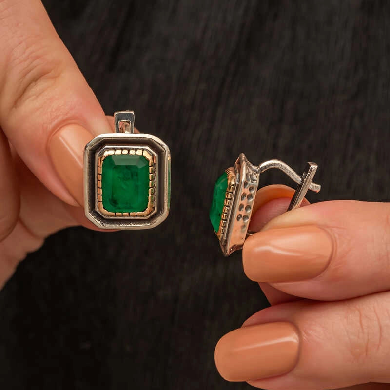 Leverback Earrings - Sterling Silver & Gold-Tone Emerald-Cut Green Stone