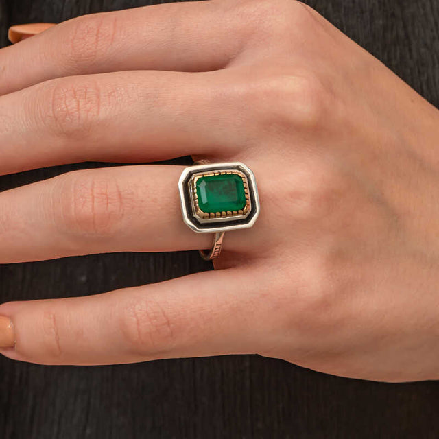 Sterling Silver Ring - Green Stone Statement Ring with Gold-Tone Accent