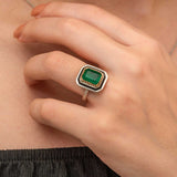 Sterling Silver Ring - Green Stone Statement Ring with Gold-Tone Accent