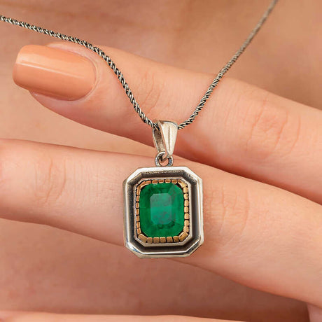 Sterling Silver Emerald-Cut Green Stone Pendant Necklace - Dual Tone Vintage