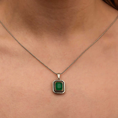 Sterling Silver Emerald-Cut Green Stone Pendant Necklace - Dual Tone Vintage