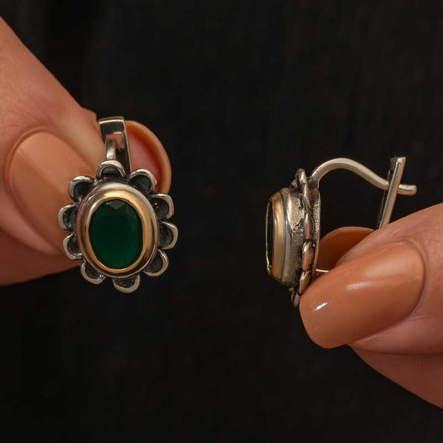 Sterling Silver Green Gemstone Authentic Flower Leverback Earrings