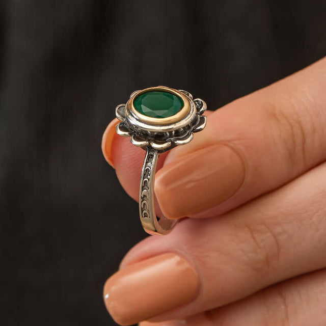 Women's Sterling Silver Green Stone Floral Ring with Gold Accent