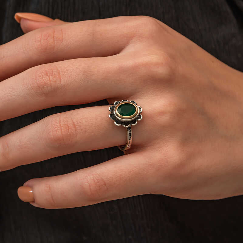 Women's Sterling Silver Green Stone Floral Ring with Gold Accent