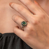 Women's Sterling Silver Green Stone Floral Ring with Gold Accent