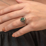 Women's Sterling Silver Green Stone Floral Ring with Gold Accent
