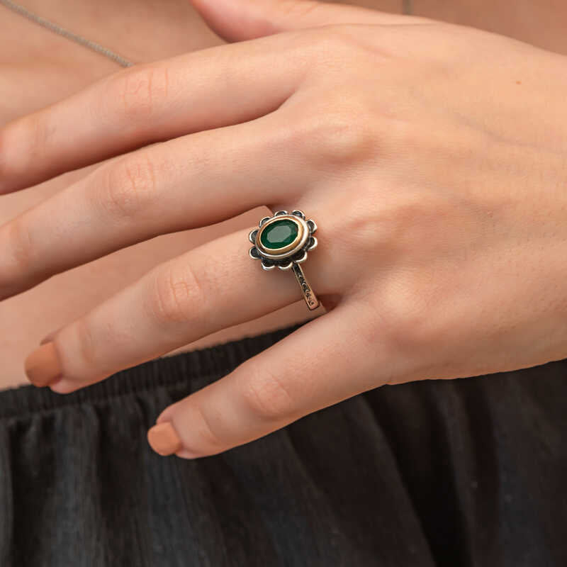 Women's Sterling Silver Green Stone Floral Ring with Gold Accent
