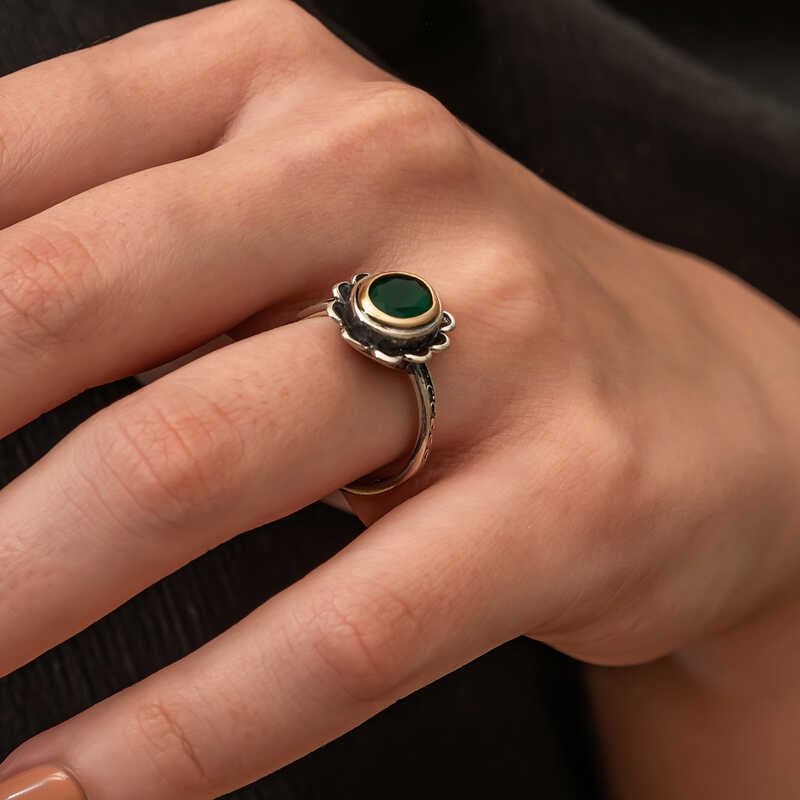 Women's Sterling Silver Green Stone Floral Ring with Gold Accent