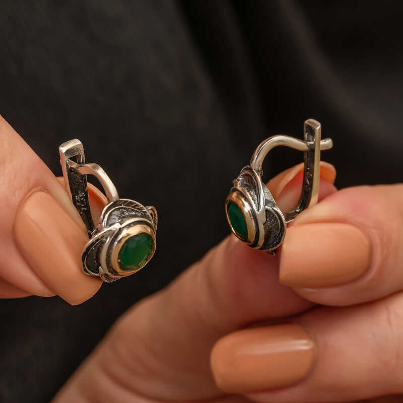 Women's Otantik Earrings - Floral Silver & Gold-Tone with Green Stone