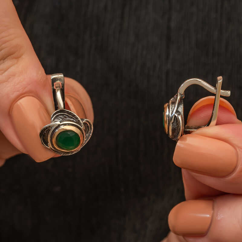 Women's Otantik Earrings - Floral Silver & Gold-Tone with Green Stone