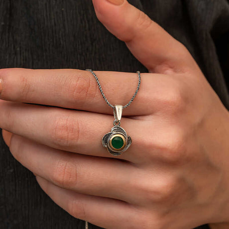 Two-Tone Artisan Floral Necklace - Green Stone & Oxidized Silver