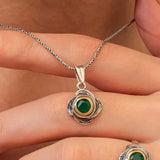 Two-Tone Artisan Floral Necklace - Green Stone & Oxidized Silver