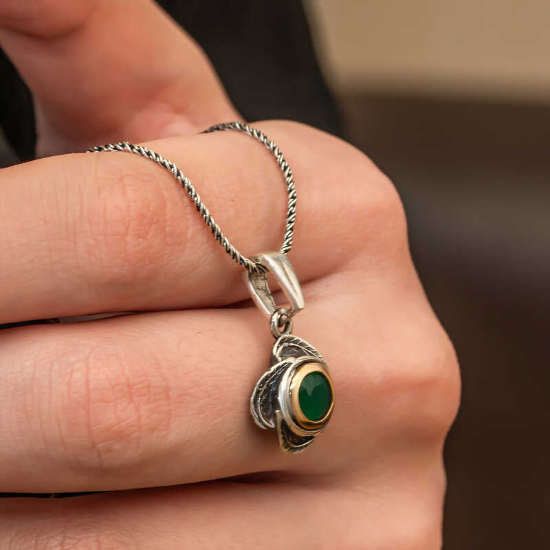 Two-Tone Artisan Floral Necklace - Green Stone & Oxidized Silver