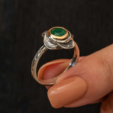 Authentic Sterling Silver Floral Green Gemstone Ring with Gold-Tone Accent