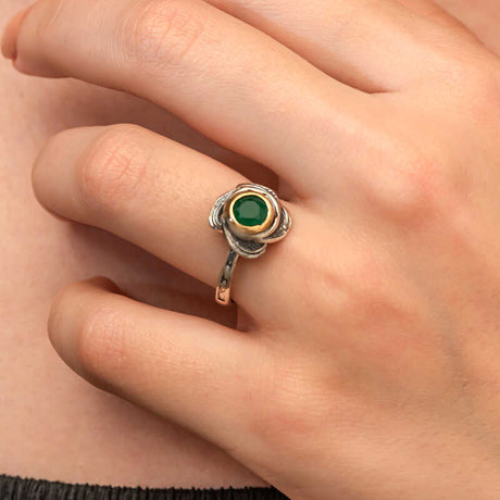 Authentic Sterling Silver Floral Green Gemstone Ring with Gold-Tone Accent