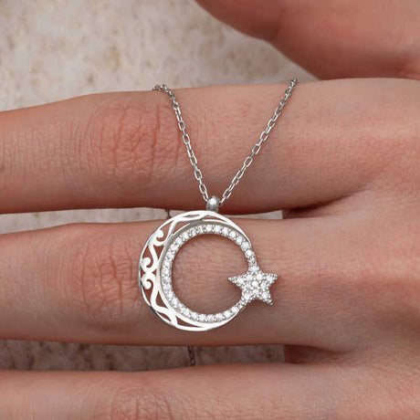 Sterling Silver Crescent Moon & Star Necklace - Sparkling Cubic Zirconia