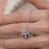 Sterling Silver Four-Leaf Clover Necklace with Multi-Color Heart Stones
