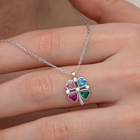 Sterling Silver Four-Leaf Clover Necklace with Multi-Color Heart Stones