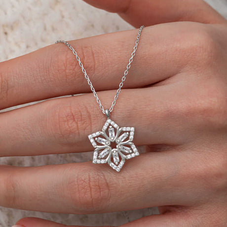 Sterling Silver Baguette CZ Flower Necklace - Dazzling & Elegant
